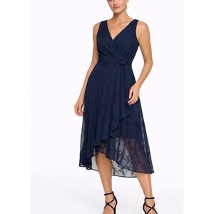 DKNY Womens Navy Sleeveless Tea-Length Faux Wrap Dress Petites 4P Eyelet